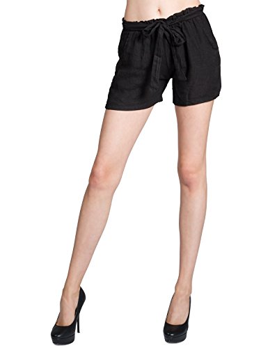 Caspar BST009 Kurze Damen Leinen Sommer Shorts Kurze Hosen mit Schleifengürtel, Farbe:schwarz, Größe:L - DE40 UK12 IT44 ES42 US10 von Caspar