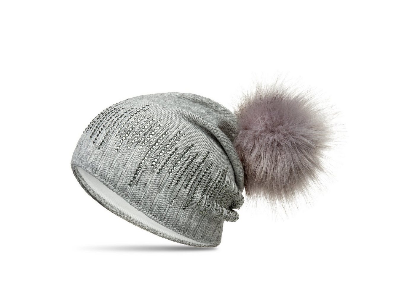 Caspar Beanie MU206 Gefütterte Damen Feinstrick Long Beanie Mütze mit Glitzer Strass und Kunstfell Bommel von Caspar