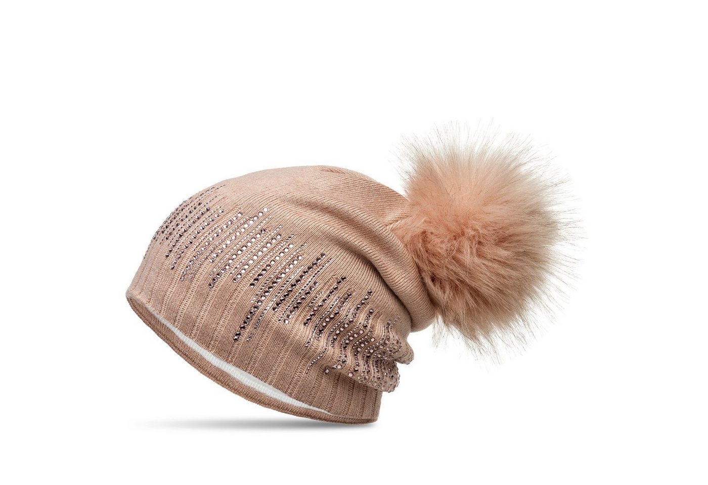 Caspar Beanie MU206 Gefütterte Damen Feinstrick Long Beanie Mütze mit Glitzer Strass und Kunstfell Bommel von Caspar