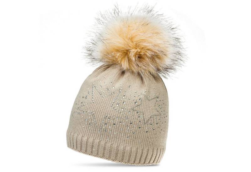 Caspar Bommelmütze MU167 Damen Fein Strick Winter Mütze mit XL Fellbommel und Glitzer Strass Stern von Caspar