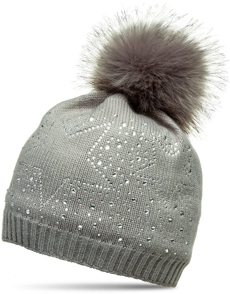 Caspar Bommelmütze MU167 Damen Fein Strick Winter Mütze mit XL Fellbommel und Glitzer Strass Stern von Caspar