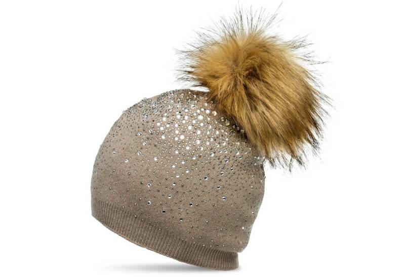 Caspar Bommelmütze MU188 Damen Fein Strick Glitzer Strass Winter Mütze mit Fellbommel von Caspar