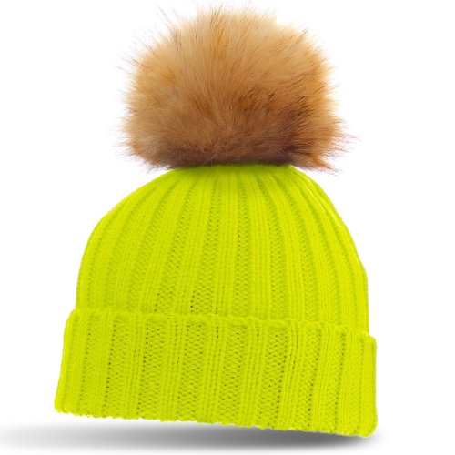 Caspar Damen Klassische Winter Mütze/Strickmütze mit großem Fellbommel - viele Farben, Farbe:neon gelb von Caspar