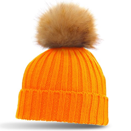 Caspar Damen Klassische Winter Mütze/Strickmütze mit großem Fellbommel - viele Farben, Farbe:neon orange von Caspar