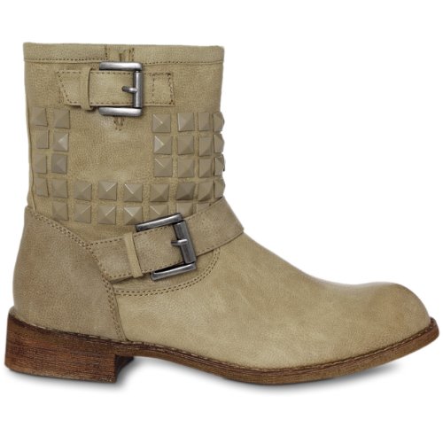Caspar Damen Vintage Biker/Cowboy Stiefelette mit Metall Nieten Dekor und Schnalle, Farbe:Khaki, Größe:EU38/UK5/US7 von Caspar
