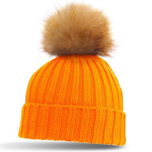 Caspar Damen klassische Winter Mütze/Strickmütze mit großem Fellbommel - viele Farben, Farbe:neon orange von Caspar