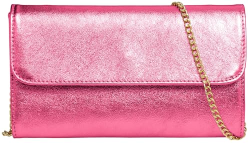 Caspar Echt Leder Clutch Abendtasche Damen Handtasche aus Wildleder im Metallic Stil - PREMIUM LINE - Modell No.779 - Made in Italy, Farbe:pink metallic (Goldkette), Größe:One Size von Caspar