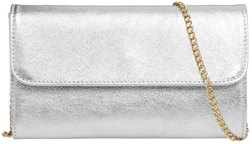 Caspar Echt Leder Clutch Abendtasche Damen Handtasche aus Wildleder im Metallic Stil - PREMIUM LINE - Modell No.779 - Made in Italy, Farbe:silber metallic (Goldkette), Größe:One Size von Caspar