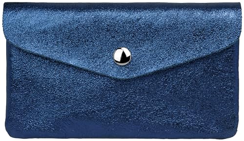 Caspar Echt Leder Geldbeutel Damen Portemonnaie mittelgroße Geldbörse mit Reißverschluss & Druckknopf - GB417 - Made in Italy, Farbe:dunkelblau metallic, Größe:Mittelgroß (16cm x 10cm) von Caspar