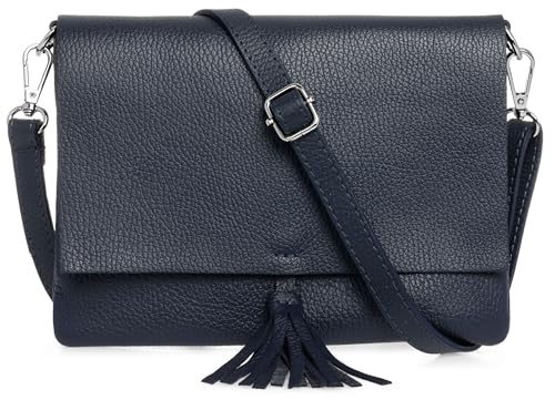 Caspar Elegante Leder Clutch Abendtasche Damen Umhängetasche mit verstellbarem Schultergurt & Quaste - CLASSIC LINE - Modell No.830 - Made in Italy, Farbe:dunkelblau von Caspar