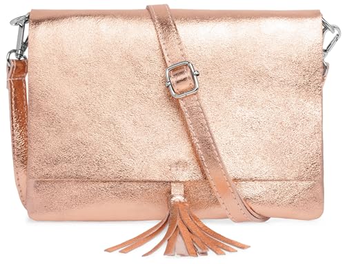 Caspar Elegante Leder Clutch Abendtasche Damen Umhängetasche mit verstellbarem Schultergurt & Quaste - CLASSIC LINE - Modell No.830 - Made in Italy, Farbe:roségold metallic von Caspar