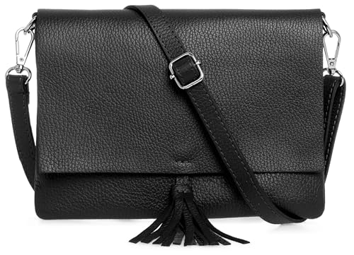 Caspar Elegante Leder Clutch Abendtasche Damen Umhängetasche mit verstellbarem Schultergurt & Quaste - CLASSIC LINE - Modell No.830 - Made in Italy, Farbe:schwarz von Caspar