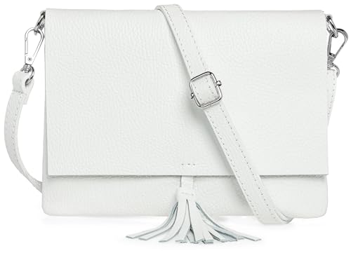 Caspar Elegante Leder Clutch Abendtasche Damen Umhängetasche mit verstellbarem Schultergurt & Quaste - CLASSIC LINE - Modell No.830 - Made in Italy, Farbe:weiß von Caspar