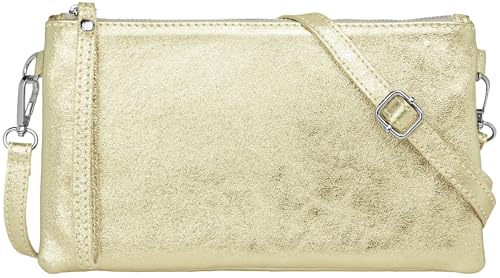 Caspar Elegante Leder Clutch Damen Umhängetasche Abendtasche mit Metallic Finish - CLASSIC LINE - Modell No.717 - Made in Italy, Farbe:champagner metallic, Größe:One Size von Caspar