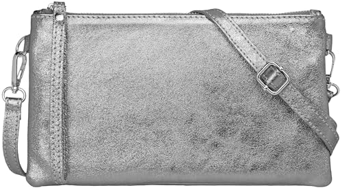 Caspar Elegante Leder Clutch Damen Umhängetasche Abendtasche mit Metallic Finish - CLASSIC LINE - Modell No.717 - Made in Italy, Farbe:dunkelsilber metallic, Größe:One Size von Caspar