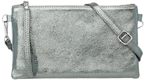 Caspar Elegante Leder Clutch Damen Umhängetasche Abendtasche mit Metallic Finish - CLASSIC LINE - Modell No.717 - Made in Italy, Farbe:olivgrün metallic, Größe:One Size von Caspar