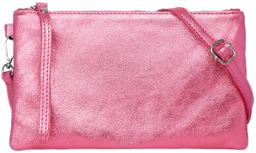 Caspar Elegante Leder Clutch Damen Umhängetasche Abendtasche mit Metallic Finish - CLASSIC LINE - Modell No.717 - Made in Italy, Farbe:pink metallic, Größe:One Size von Caspar