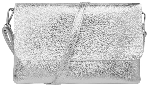 Caspar Elegante Leder Clutch Damen Umhängetasche Abendtasche mit verstellbarem Schultergurt - CLASSIC LINE - Modell No.835 - Made in Italy, Farbe:silber metallic von Caspar