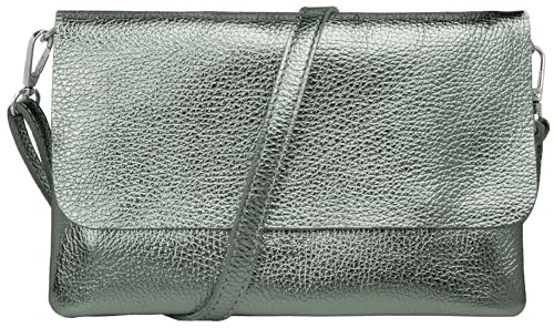 Caspar Elegante Leder Clutch Damen Umhängetasche Abendtasche mit verstellbarem Schultergurt - CLASSIC LINE - Modell No.835 - Made in Italy, Farbe:olivgrün metallic von Caspar