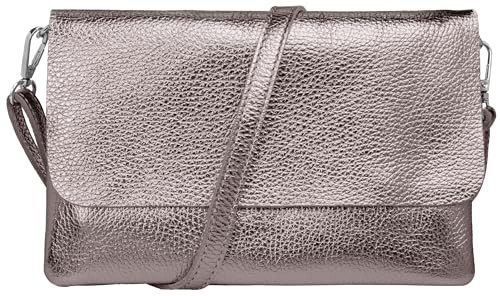 Caspar Elegante Leder Clutch Damen Umhängetasche Abendtasche mit verstellbarem Schultergurt - CLASSIC LINE - Modell No.835 - Made in Italy, Farbe:taupe metallic von Caspar