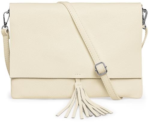 Caspar Elegante Leder Umhängetasche XL Clutch Abendtasche Damen Handtasche mit Quaste - CLASSIC LINE - Modell No.829 - Made in Italy, Farbe:beige von Caspar