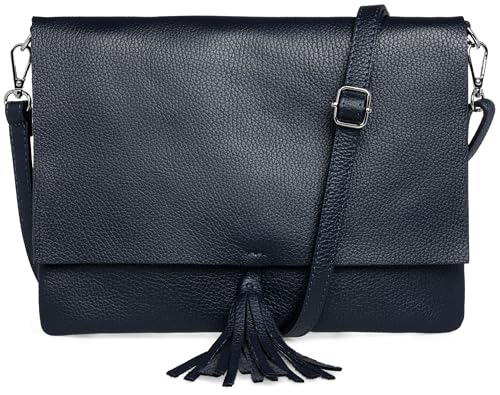 Caspar Elegante Leder Umhängetasche XL Clutch Abendtasche Damen Handtasche mit Quaste - CLASSIC LINE - Modell No.829 - Made in Italy, Farbe:dunkelblau von Caspar