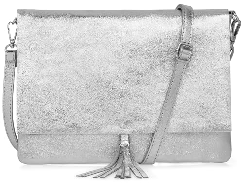 Caspar Elegante Leder Umhängetasche XL Clutch Abendtasche Damen Handtasche mit Quaste - CLASSIC LINE - Modell No.829 - Made in Italy, Farbe:silber metallic von Caspar