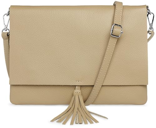 Caspar Elegante Leder Umhängetasche XL Clutch Abendtasche Damen Handtasche mit Quaste - CLASSIC LINE - Modell No.829 - Made in Italy, Farbe:taupe von Caspar
