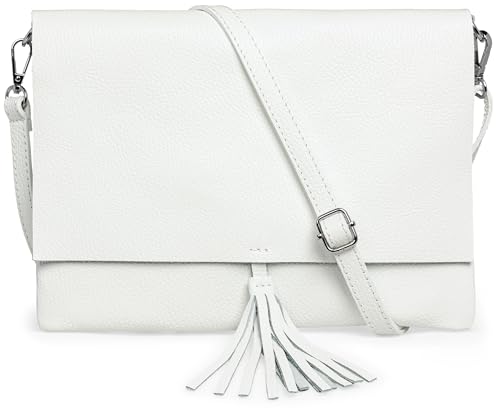 Caspar Elegante Leder Umhängetasche XL Clutch Abendtasche Damen Handtasche mit Quaste - CLASSIC LINE - Modell No.829 - Made in Italy, Farbe:weiß von Caspar