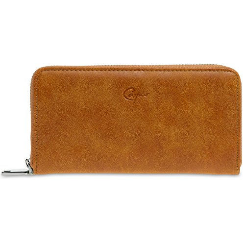 Caspar GB414 Langer Vintage Damen Geldbeutel mit umlaufendem Reißverschluss, Farbe:Cognac, Größe:One Size von Caspar