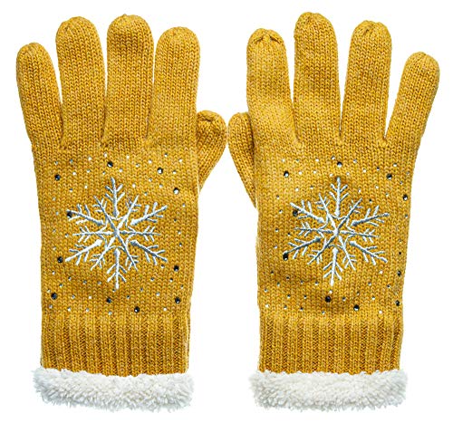 Caspar GLV009 warm gefütterte Damen Strick Handschuhe mit gesticktem Eiskristall und dezentem Strass, Farbe:curry, Größe:One Size von Caspar