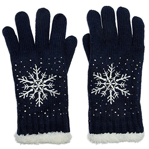 Caspar GLV009 warm gefütterte Damen Strick Handschuhe mit gesticktem Eiskristall und dezentem Strass, Farbe:dunkelblau, Größe:One Size von Caspar