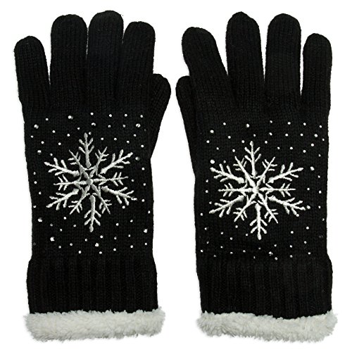 Caspar GLV009 warm gefütterte Damen Strick Handschuhe mit gesticktem Eiskristall und dezentem Strass, Farbe:schwarz, Größe:One Size von Caspar