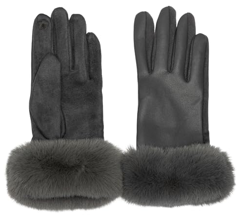 Caspar GLV017 klassisch elegante uni Damen Handschuhe mit Fell Dekor, Farbe:dunkelgrau, Accessoires:One Size von Caspar