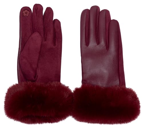 Caspar GLV017 klassisch elegante uni Damen Handschuhe mit Fell Dekor, Farbe:weinrot, Accessoires:One Size von Caspar