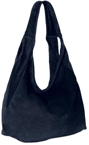Caspar Große Damen Veloursleder Schultertasche Samtweiche Beuteltasche aus Leder - PREMIUM LINE - Modell No.618 - Made in Italy, Farbe:dunkelblau von Caspar
