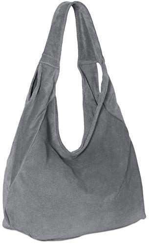 Caspar Große Damen Veloursleder Schultertasche Samtweiche Beuteltasche aus Leder - CLASSIC LINE - Modell No.618 - Made in Italy, Farbe:dunkelgrau von Caspar
