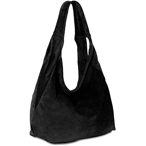 Caspar Große Damen Veloursleder Schultertasche Samtweiche Beuteltasche aus Leder - PREMIUM LINE - Modell No.618 - Made in Italy, Farbe:schwarz von Caspar