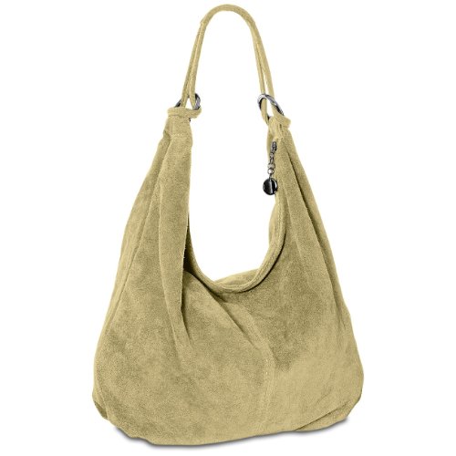 Caspar Große Damen Vintage Veloursleder Tasche Samtweiche Schultertasche aus Leder - CLASSIC LINE - Modell No.617 - Made in Italy, Farbe:beige von Caspar