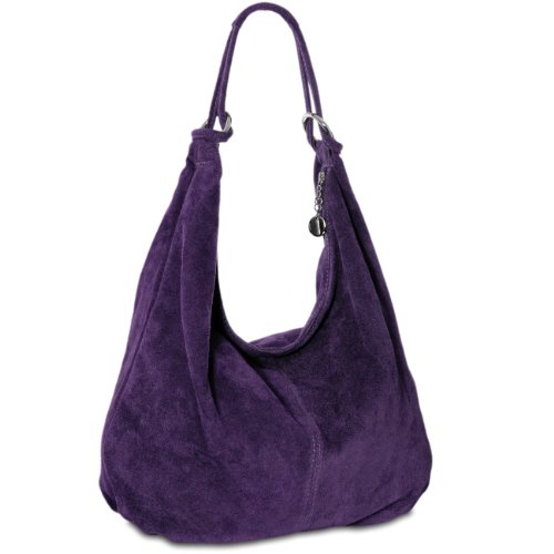 Caspar Große Damen Vintage Veloursleder Tasche Samtweiche Schultertasche aus Leder - CLASSIC LINE - Modell No.617 - Made in Italy, Farbe:lila von Caspar