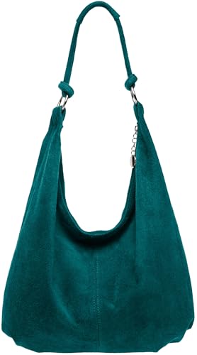 Caspar Große Damen Vintage Veloursleder Tasche Samtweiche Schultertasche aus Leder - CLASSIC LINE - Modell No.617 - Made in Italy, Farbe:petrol von Caspar