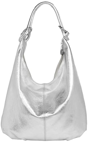 Caspar Große Damen Vintage Veloursleder Tasche Samtweiche Schultertasche aus Leder - CLASSIC LINE - Modell No.617 - Made in Italy, Farbe:silber metallic von Caspar