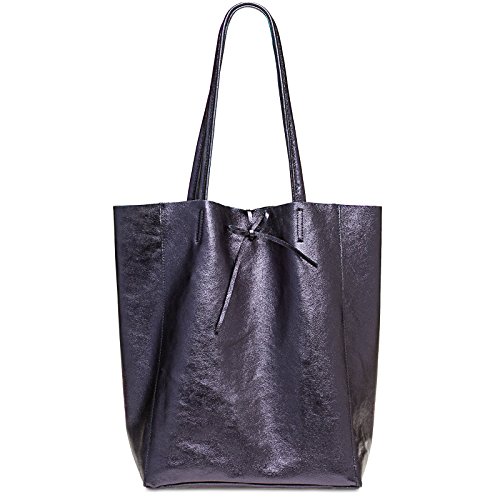 Caspar Großer Damen Leder Shopper Metallic Schultertasche mit Sicherheitsfach - CLASSIC LINE - Modell No.781 - Made in Italy, Farbe:dunkelblau metallic, Accessoires:One Size von Caspar