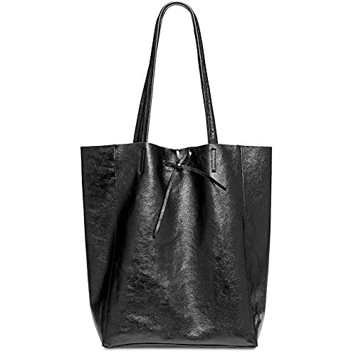 Caspar Großer Damen Leder Shopper Metallic Schultertasche mit Sicherheitsfach - CLASSIC LINE - Modell No.781 - Made in Italy, Farbe:schwarz metallic, Accessoires:One Size von Caspar