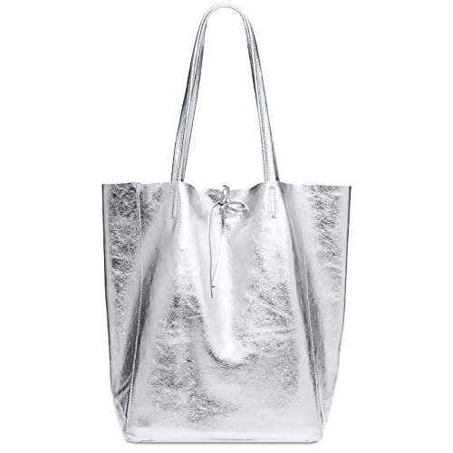 Caspar Großer Damen Leder Shopper Metallic Schultertasche mit Sicherheitsfach - CLASSIC LINE - Modell No.781 - Made in Italy, Farbe:silber metallic, Accessoires:One Size von Caspar