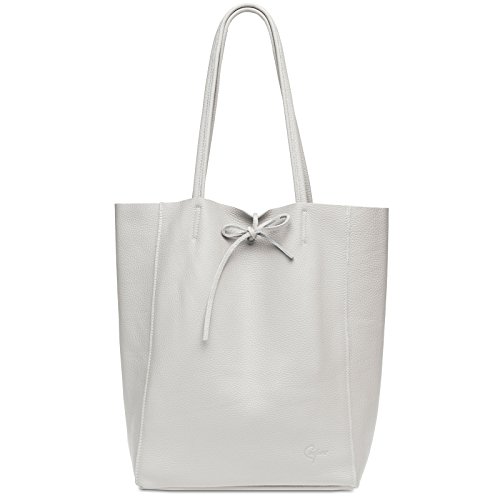 Caspar Großer Damen Leder Shopper Schultertasche mit Sicherheitsfach - CLASSIC LINE - Modell No.780 - Made in Italy, Farbe:hellgrau, Accessoires:One Size von Caspar