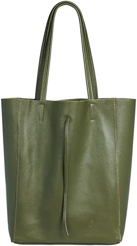 Caspar Großer Damen Leder Shopper Schultertasche mit Sicherheitsfach - CLASSIC LINE - Modell No.780 - Made in Italy, Farbe:olivgrün, Accessoires:One Size von Caspar