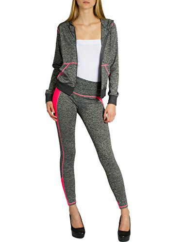 Caspar JG001 stylischer Damen Jogginganzug mit Kapuze, Größe:M/L, Farbe:grau meliert/neon pink von Caspar