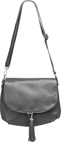 Caspar Klassisch Elegante Damen Umhängetasche aus Leder Messenger Bag - CLASSIC LINE - Modell No.810 - Made in Italy, Farbe:dunkelgrau, Größe:One Size von Caspar