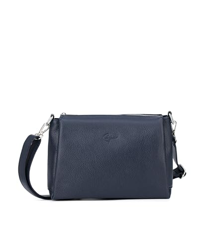 Caspar Klassisch Elegante Leder Umhängetasche Damen Crossbody Bag mit 3 Fächern & verstellbarem Schulterfurt - PREMIUM LINE - Modell No.859 - Made in Italy, Farbe:dunkelblau von Caspar